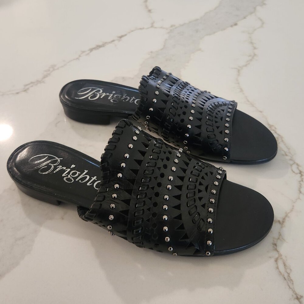 Brighton Neo Mule Sandals Black Leather Laser Cut Studded Women's 7.5M Boho VGC